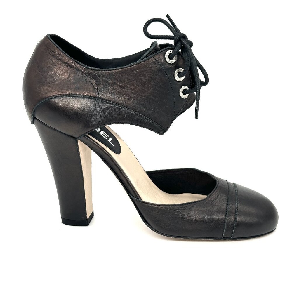 CHANEL 12C Cinema Lace Up Leather D'Orsay Pumps Sandals Shoes Heels Black - Picture 8 of 16